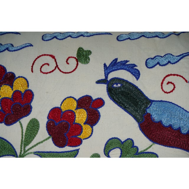 Peacock Suzani Pillow Cover – Hand Embroidered Floral Lumbar Cushion, 16'' X 34'' For Sale - Image 4 of 5