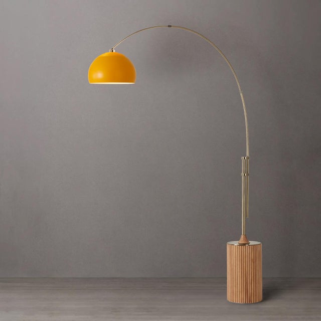 Mustard 1980s 92" Morelli Mid Century Modern Tambo Floor Lamp - Weathered Brass, Mustard Shade, Dimmable, Living Room Lighting For Sale - Image 8 of 9