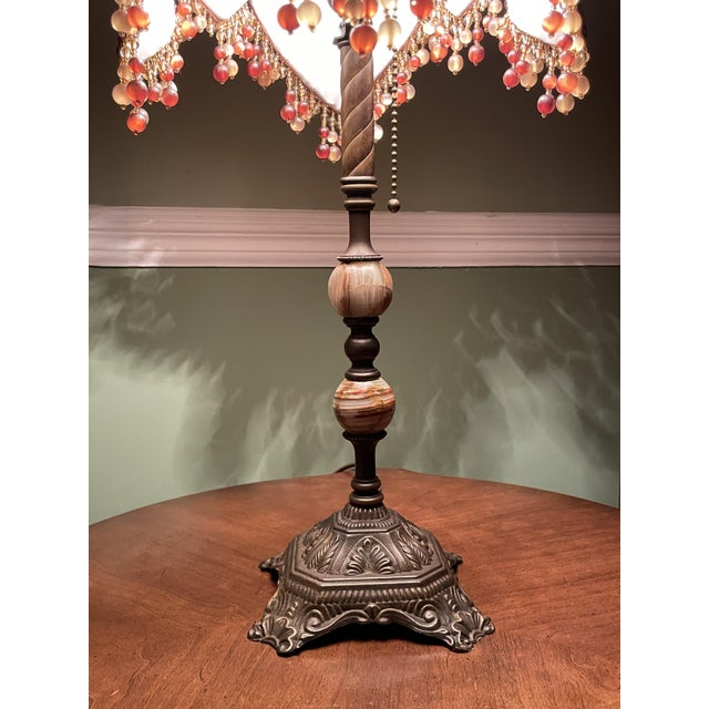 Metal Vintage Victorian Table Lamp by Handley Industries & Lavish Lamps Beaded Fringe Shade For Sale - Image 7 of 16