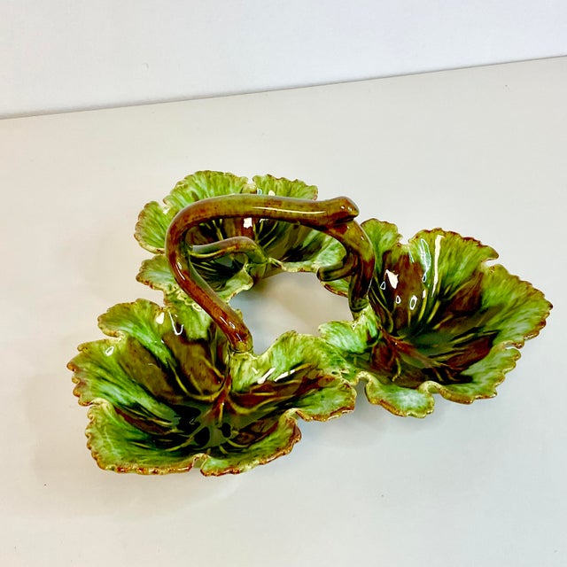 American Vintage Americana Folk Art Majolica Faux Bois Leaf and Branch Relish Dish, 3 Sections. For Sale - Image 3 of 11