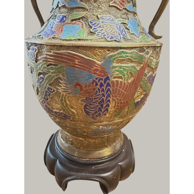 Brass Vintage Chinese Champleve Brass Dragon Phoenix Elephant Handle Table Lamp For Sale - Image 8 of 10