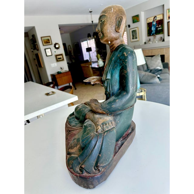 Wood Antique Burmese Buddhist Monk Polychrome Wood Carving Statue For Sale - Image 7 of 18