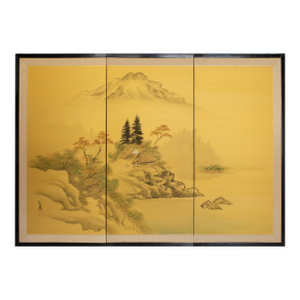 1960s Shōwa Era Japanese 3-Panel Byobu Screen "Landscape With Mountain and Trees"