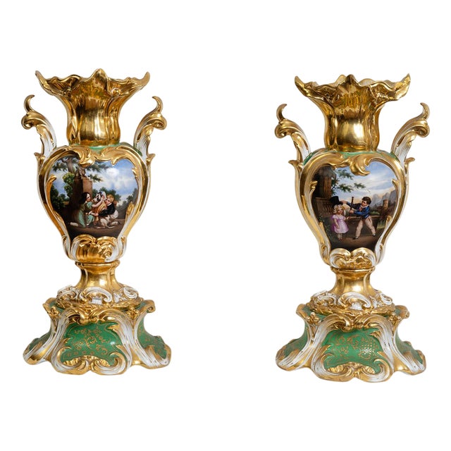 Antique Louis Philippe Vases in Polychrome Porcelain Depicting Romantic Scenes, France, 19th Century, Set of 2 For Sale