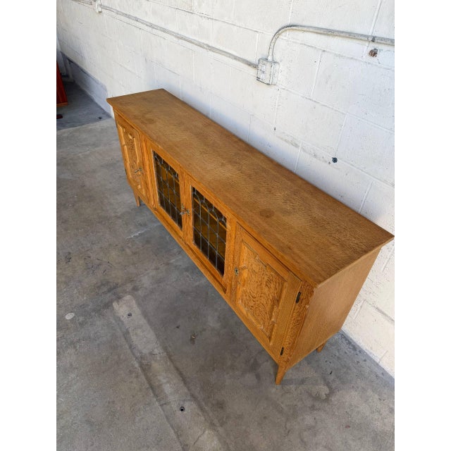 Mid 20th Century Vintage Danish Oak Sideboard Cabinet in Style of Henning, Brutalist Leaded Glass Credenza For Sale - Image 5 of 10