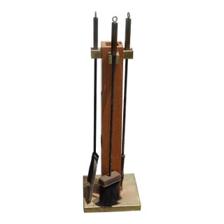 Vintage French Country Set of Three Fireplace Tools W Wood Stand For Sale
