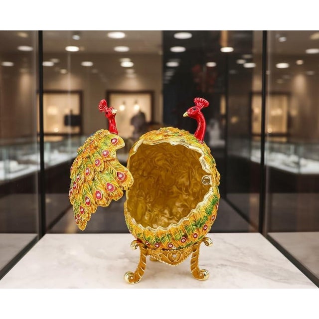 Pierre Lorren Handmade Faberge Egg Style Trinket Peacock Couple Fabergé Egg Style Austrian Crystal Diamond Pure Gold Deco & Handmade Bracelet For Sale - Image 4 of 10