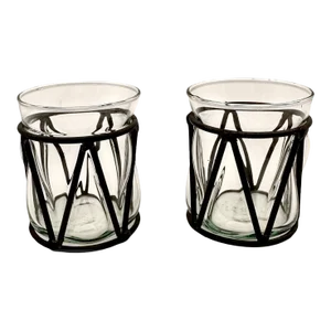 Mid-20th Century Hand Blown Glass & Metal Cage Votive Candle Holders a Pair