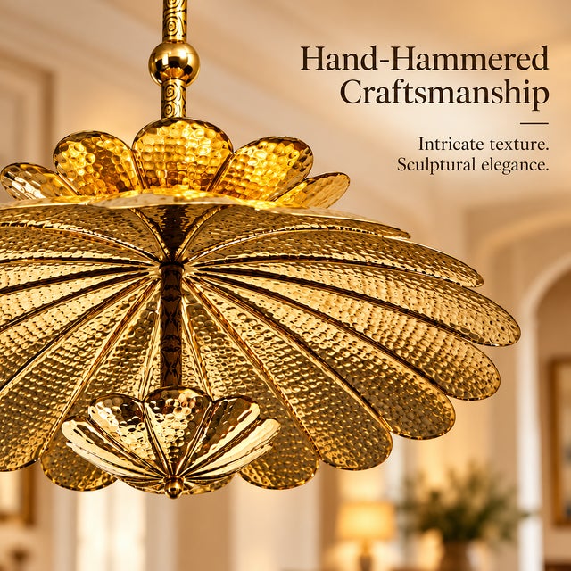 Handmade Brass Flower Ceiling Light, Floral Semi Flush Mount, Hammered Brass Chandelier, Vintage Lotus Ceiling Fixture, Art Deco Lighting For Sale - Image 6 of 18