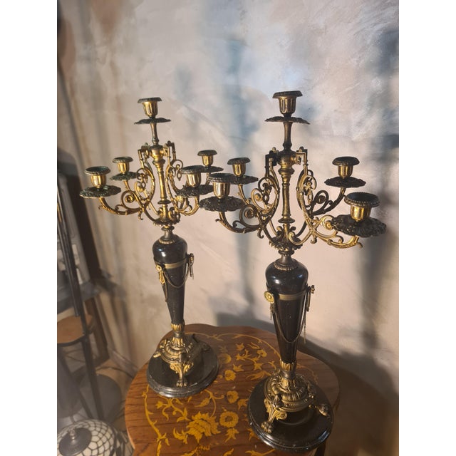 Gilded Bronze and Marble Candelabras, France, 1880, Set of 2 For Sale - Image 3 of 7