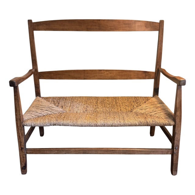 Antique Arts & Crafts Walnut & Rush Two-Seater Settee, 1900 For Sale