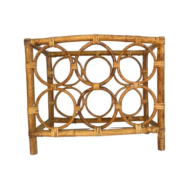 Mid Century Bamboo and Rattan Six Bottle Wine Rack, Circa 1960’s. Rectangular in shade and free standing.