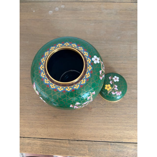 Vintage Chinese Green Cloisonné Prunus Blossom Lidded Ginger Jar For Sale - Image 4 of 6