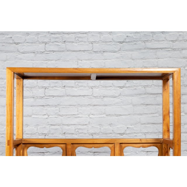 Wood Chinese Qing Dynasty Elmwood Three Shelf Bookcase with Pierced Cartouches For Sale - Image 7 of 13