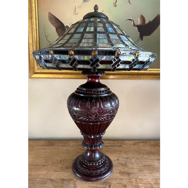 Antique 19th Century Hand Carved Mahogany Wood Table Lamp With Tiffany Style Shade For Sale - Image 13 of 13
