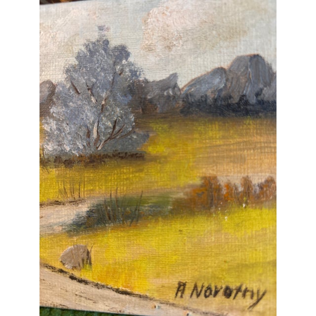 1950s Vintage MCM Impressionist Landscape Oil Painting – Blossoming Trees & Yellow Meadow, Signed A. Novotny, 5x7 For Sale - Image 5 of 6