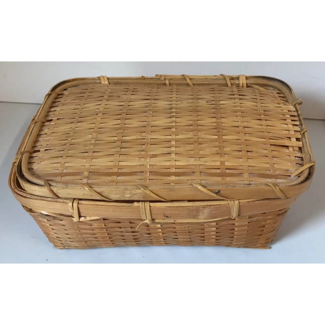 Wood Vintage Wicker Lidded Hinged Basket Trinket Box For Sale - Image 7 of 7