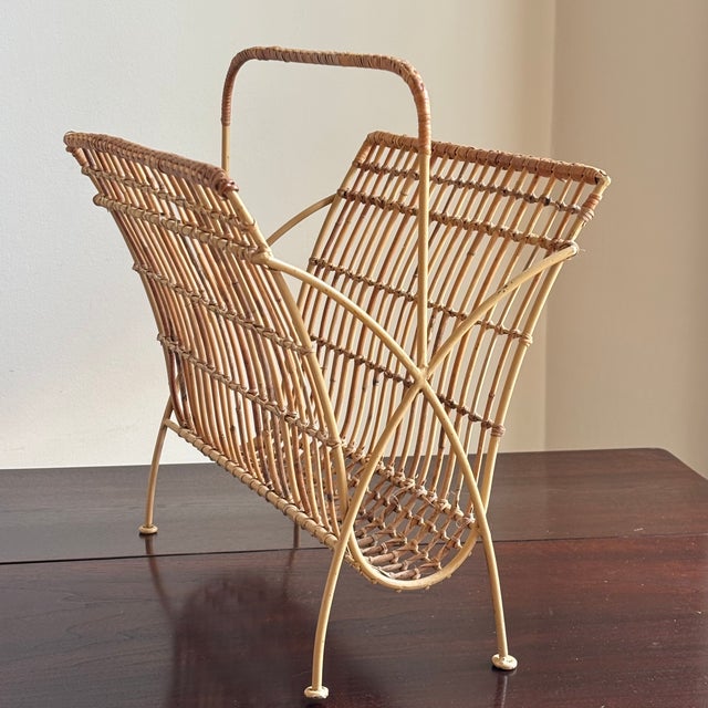 1950s Bamboo & Rattan Openweave Magazine Rack W/ Iron Base For Sale - Image 4 of 18