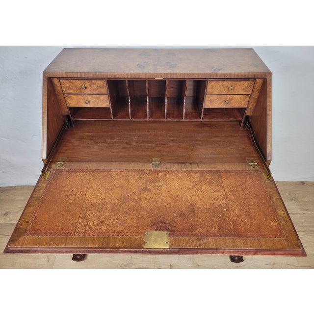 Brown Antique Edwardian Secretary with Drawers in Carved Walnut and Leather, 1910 For Sale - Image 8 of 18