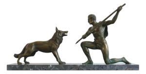 Montie, Hunter and Wolf Sculpture, 1920s-1940s, Bronze on Marble Base