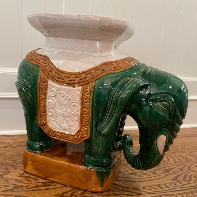 Mid Century Green Elephant Garden Stool Asian Large Ceramic Garden Seat For Sale - Image 4 of 13