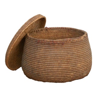 Earth Tone Antique Storage Basket With Lid For Sale