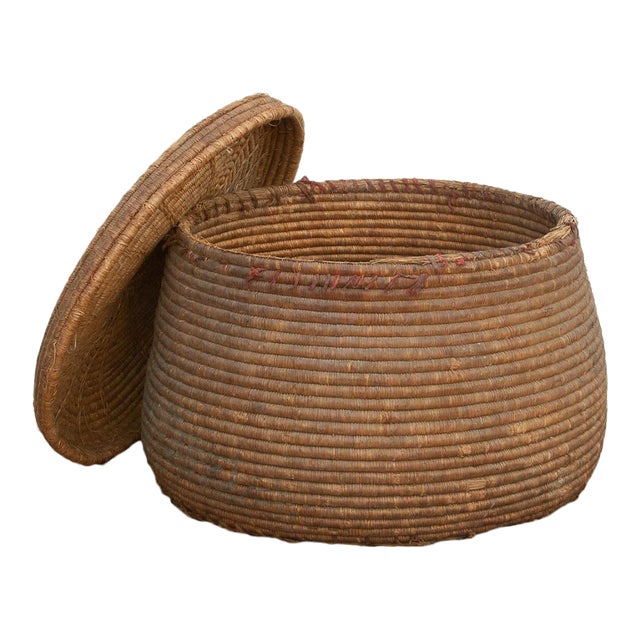 Earth Tone Antique Storage Basket With Lid For Sale