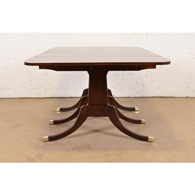 Drexel Regency Carved Mahogany Drop-Leaf Triple Pedestal Extension Dining Table, Newly Refinished For Sale - Image 16 of 17
