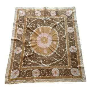Suzani Embroidered Wall Hanging - Neutral Tan Uzbek Tablecloth For Sale