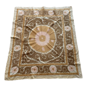 Suzani Embroidered Wall Hanging - Neutral Tan Uzbek Tablecloth
