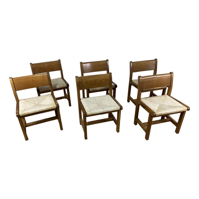 Vintage Wood and Straw Chairs from Tarpac, 1970s, Set of 6 For Sale