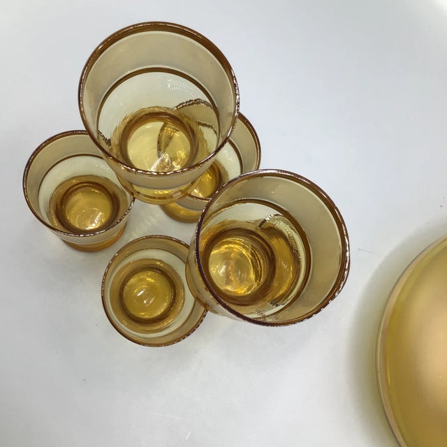 Vintage Amber and Gold Blown Glass Ships Decanter Set With Decanter and 6 Cordial Glasses - Set of 7 For Sale - Image 10 of 13