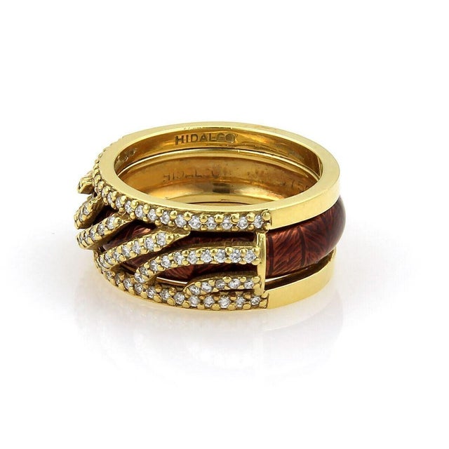 Mid 20th Century Hidalgo Diamonds & Brown Enamel 18k Yellow Gold Open Band Ring Insert - Size 6.5 For Sale - Image 4 of 7