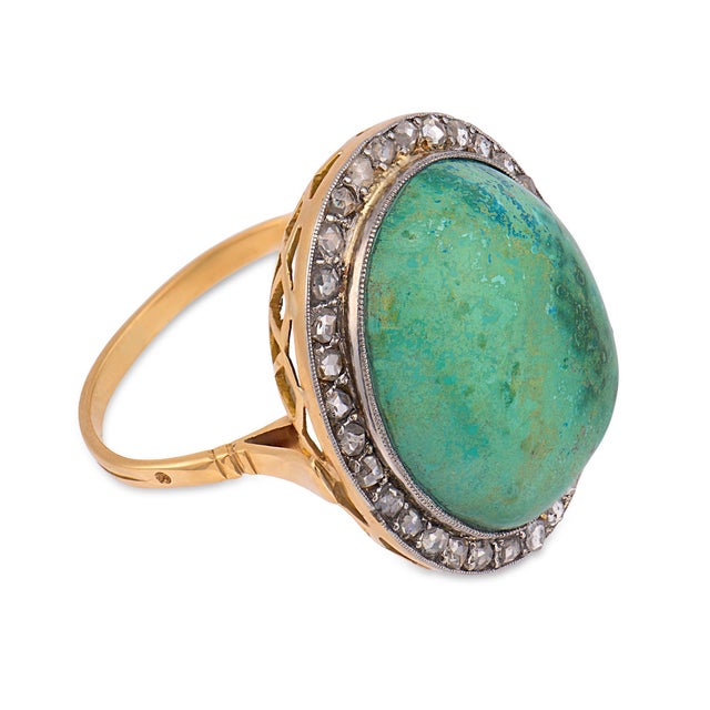 Vintage Turquoise Diamond 18k Two Tone Cocktail Ring, Size 5.5 For Sale - Image 4 of 6
