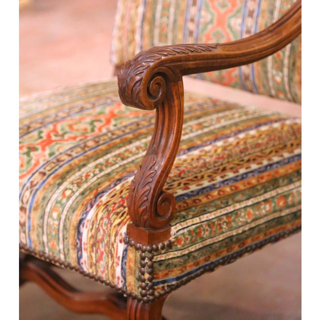 Pair of 19th Century French Louis XIII Walnut Armchairs With Stripe Motifs For Sale - Image 4 of 11