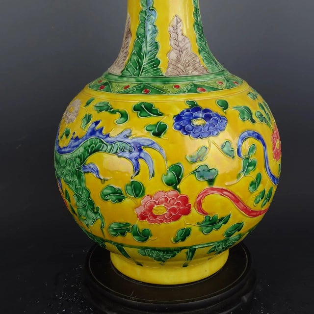 Chinese Vintage Ceramic Vase,Ming Dynasty Yongle Marked Yellow Ground Famille Verte Porcelain Vase With Dragon Phoenix Relief For Sale - Image 4 of 7