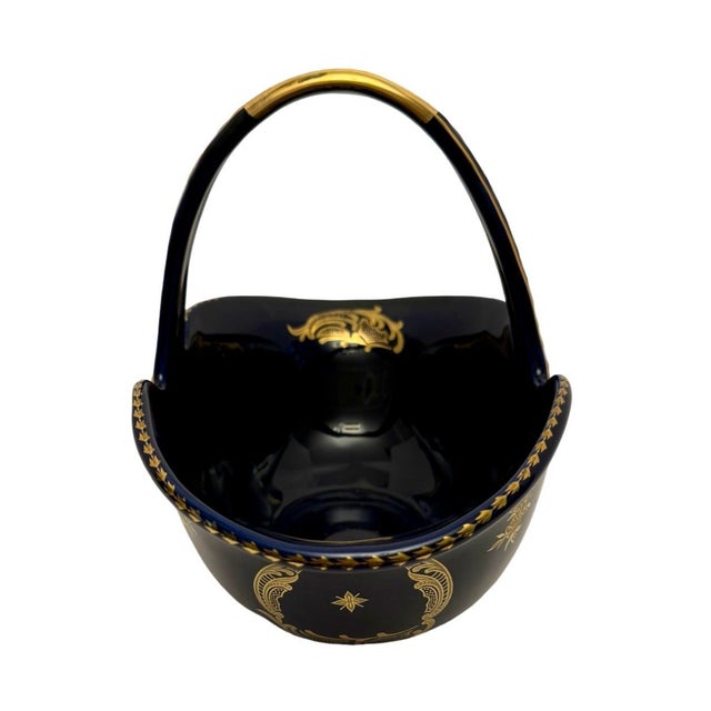 Vintage Gilded Cobalt Blue Large Porcelain Basket Courting Couple Motif France. For Sale In Atlanta - Image 6 of 9