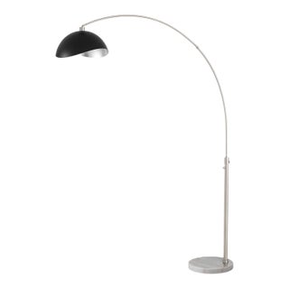 1960s 92" Adjustable Mid Century Luna Bella Floor Lamp - Modern Arc Lamp, Matte Black/Silver Shade, Dimmable, Satin Nickel For Sale