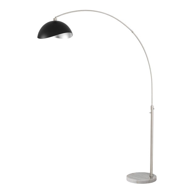 1960s 92" Adjustable Mid Century Luna Bella Floor Lamp - Modern Arc Lamp, Matte Black/Silver Shade, Dimmable, Satin Nickel For Sale