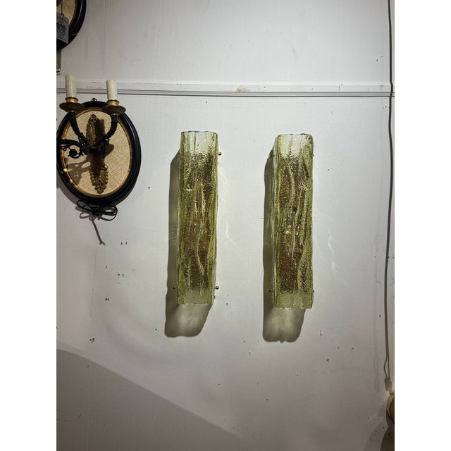 Pair of Murano Green Granola Glass Square Tube Sconces For Sale - Image 4 of 7