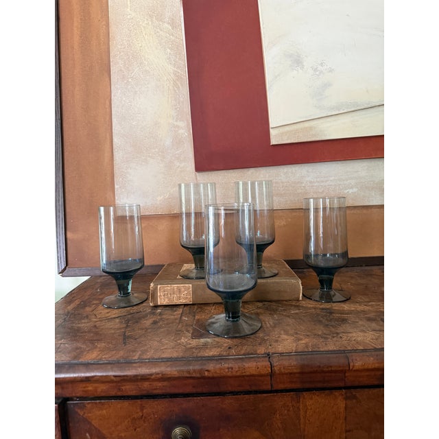 Set of Five (5) Vintage Smoky Blue Gray Glass Goblets Attributed to Dartington For Sale - Image 4 of 10