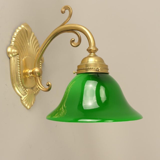Metal Art Nouveau Brass Wall Lamp with Green Flashed Glass, Vienna, 1910s For Sale - Image 7 of 7