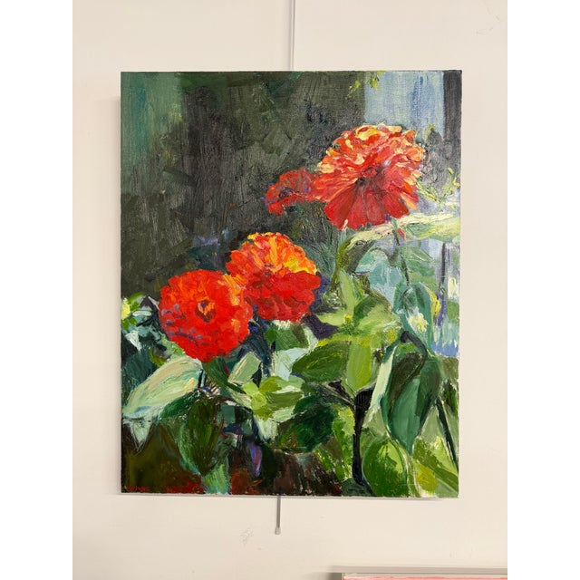 Summertime red zinnias. One-of-a-kind original oil painting on 30 x 24 x 1.5” professional canvas. Gallery-wrapped sides...