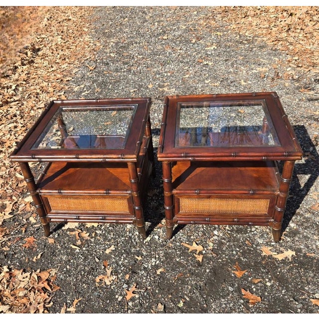 Boho Chic Late 20th Century Tommy Bahama Wooden Wicker Side Tables For Sale - Image 3 of 11