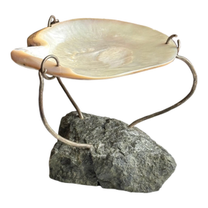 Late 20th Century Unique Mother of Pearl Shell Compote or Food Stand Over Stone 6.25"x7.5"