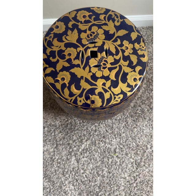 Chinese Elegant Blue & Gold Chinese Style Porcelain Garden Stool-18” For Sale - Image 3 of 6