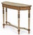 This is an Italian neoclassical style demilune console table featuring a pale green painted finish with a warm brown...