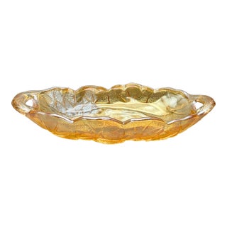 Vintage Indiana Glass “Lily Pons Sunflower” Marigold Carnival Glass Relish Dish With Handles For Sale