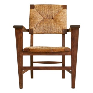 French Wood + Rush Armchair, 1940s For Sale