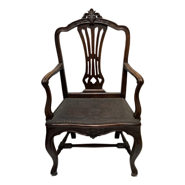 Mid 19th Century Floral Carved Walnut Cabriole Legged Arm Chair For Sale
